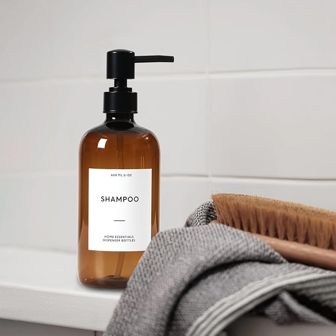 HOMCDALY Shampoo and Conditioner Dispenser, 21oz 3-Pack Refillable Shampoo and Conditioner Bottles, Shower Soap Bottles with Pump and Labels, Bathroom Shower Dispenser(21oz-Brown)