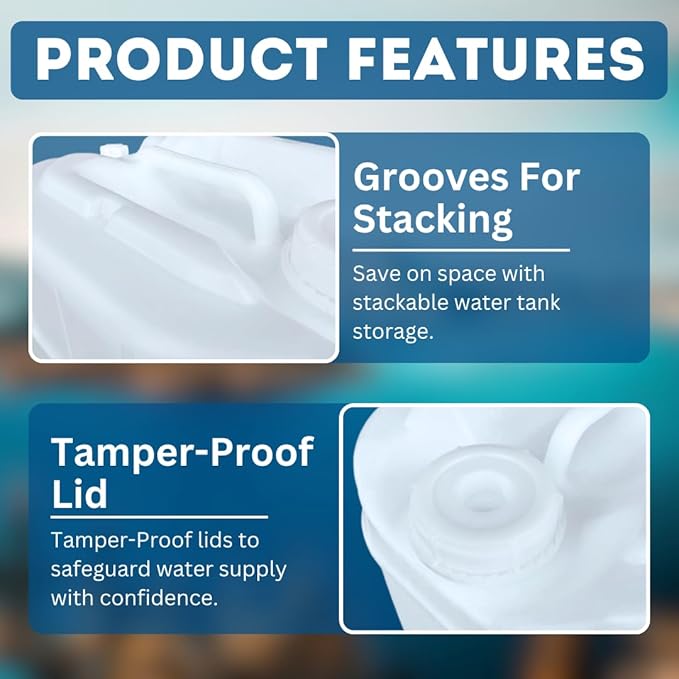 5-Gallon Stackable Water Storage Containers, 5 Gallons w/10 Lids + 2 Spigot, Easy Fill, Survial Supply Emergency Water Storage for Camping and Disaster Preparedness, RV, 40 Gallon (8 Tanks)