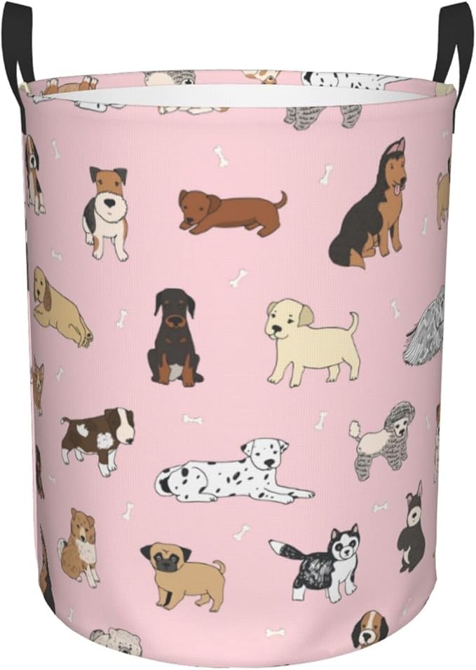 Cute Dogs Pink Laundry Hamper Bag With Waterproof Liner - Round Laundry Basket Foldable Clothes Storage Organizer For Bathroom Bedroom Nursery Dorm, S-16.5"X 13.8"