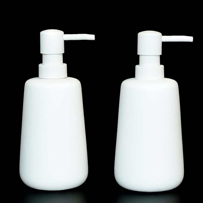 2 Pack Matte White Ceramic Soap Dispenser, 13 oz Refillable Bathroom or Kitchen Countertop Dispenser with Soft Touch Rubber Coating, Matte White