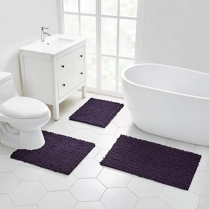 Walensee Bathroom Rug Non Slip Bath Mat (32x20 Inch Dark Purple) Water Absorbent Super Soft Shaggy Chenille Machine Washable Dry Extra Thick Perfect Absorbant Best Large Plush Carpet for Shower Floor