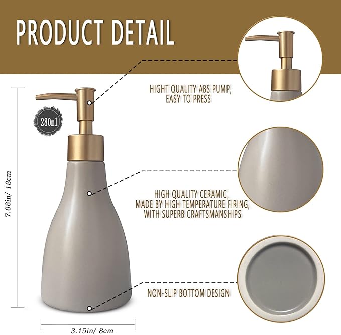 280ml Liquid Soap Dispenser for Bathroom with Gold Pump,Dish Soap Dispenser for Kitchen,Refillable Countertop Lotion Ceramics Khaki Hand Soap Dispenser for Shower