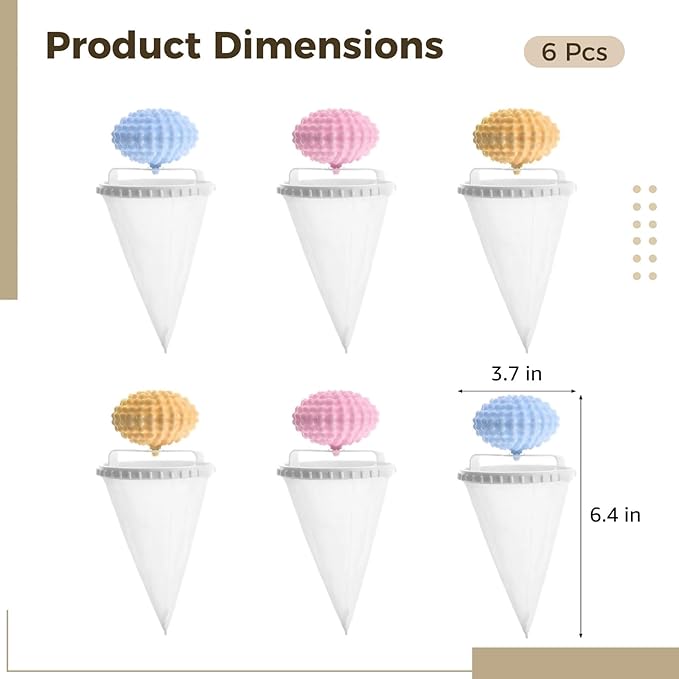 6 Pcs Floating Hair Filtering Mesh Removal, Laundry Lint Catcher, Pet Hair Remover for Laundry, Upgraded Concave-Convex Ball Design, 3.7 x 6.4 in Filter Bag, Reusable Washing Machine Hair Catcher