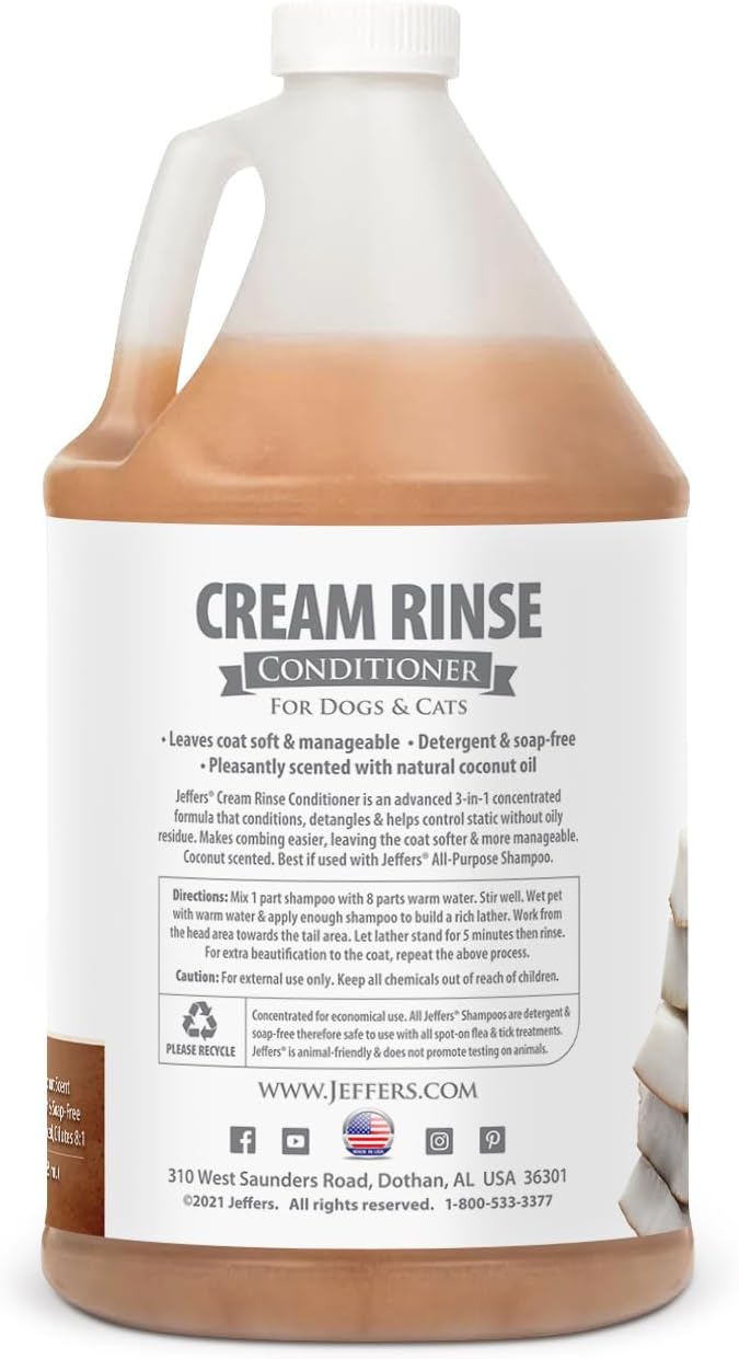 Jeffers Pet Cream Rinse 3 in 1 Conditioner – Moisturizing & Detangling Formula for Dogs & Cats, Coconut Oil Infused, Light Scent, Soap Free, Professional Grooming Made in USA – 1 Gallon