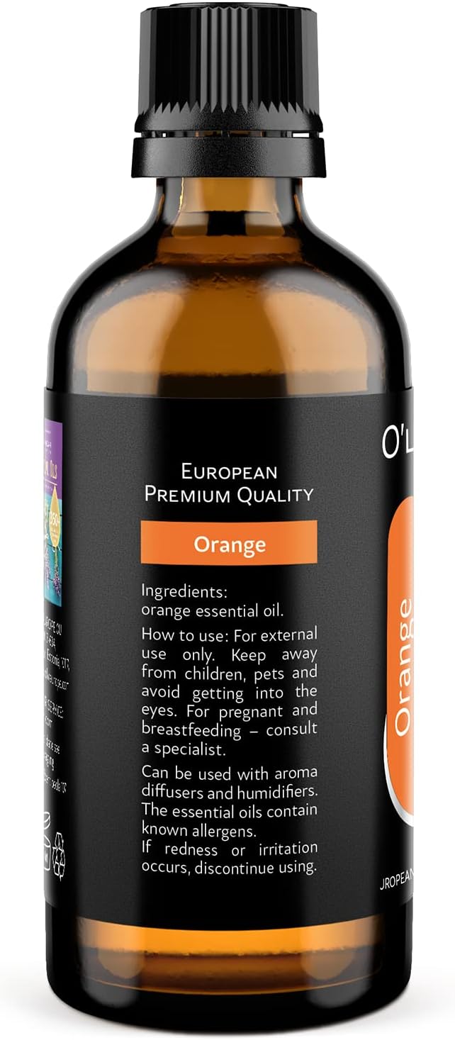 O'linear Pure Orange Essential Oil for Diffuser and Humidifier - Mood-Boosting 100% Fresh Summer Scents, Long-Lasting Sweet Orange Oil, Perfect for Essential Oil Necklaces and Air Fresheners 3.4 Fl Oz
