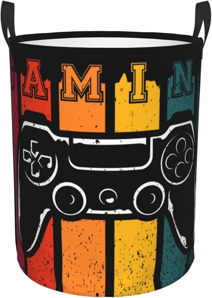 Gaming Laundry Hamper Bag With Waterproof Liner - Game Joystick Retro Style Round Laundry Basket Foldable Clothes Storage Organizer For Bathroom Bedroom Nursery Dorm, M-19.6"X 15.7"