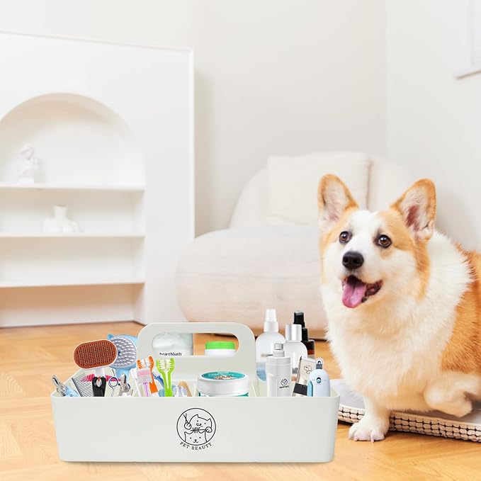 Dog Storage Organizer for Grooming Supplies,8-Compartment Caddy for Dog Cat Grooming Kit,Pet Stuff Storage, Ieal for Shampoo, Trimmer,Clipper,Combo,Brush-Modern Minimalist White