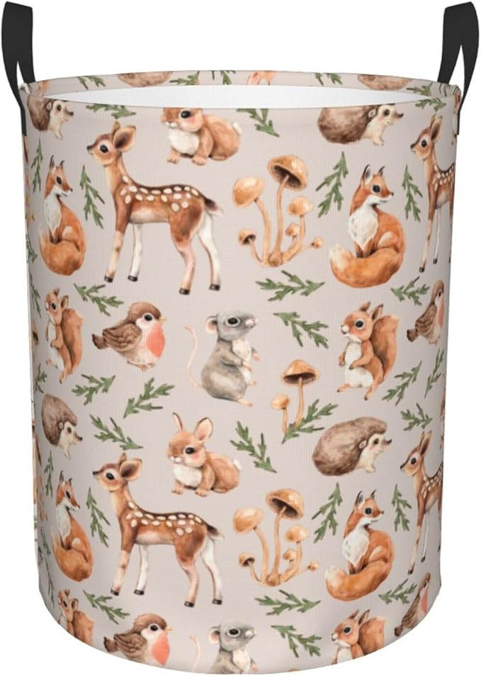 Forest Little Animal Laundry Hamper Bag, Deer Squirrel Hedgehog Fox Round Laundry Basket Foldable Clothes Storage Organizer For Bathroom Bedroom Nursery Dorm, S-16.5"X 13.8"