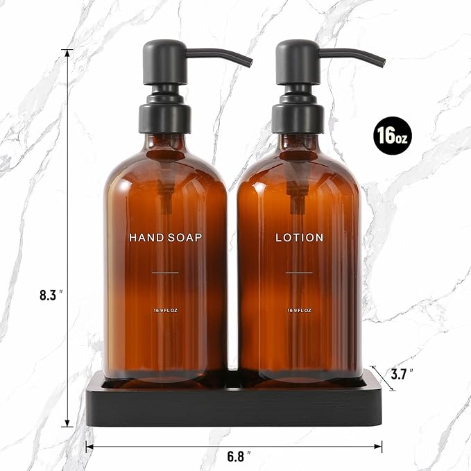 Amber Glass Soap Dispenser Set, Hand Soap and Lotion Set with Black Stainless Steel Pump, Perfect for Modern Bathroom Decor. (Amber)