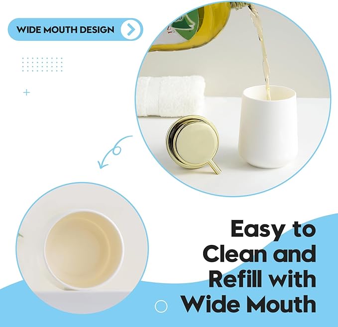 Matte White and Gold Foaming Hand Soap Dispenser Plastic 11 oz - Modern Luxury Style for Bathroom & Kitchen Countertop Refillable