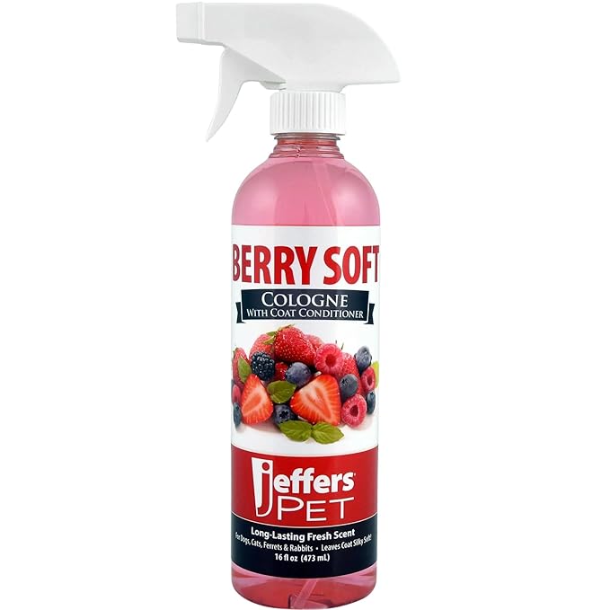 Jeffers Pet Cologne Spray with Coat Conditioner for Dogs & Cats, Berry Soft - Detergent & Soap Free Grooming Fragrance Mist, Deodorizer, Freshener, Safe for Pets, Salon, Home Use - 16 oz