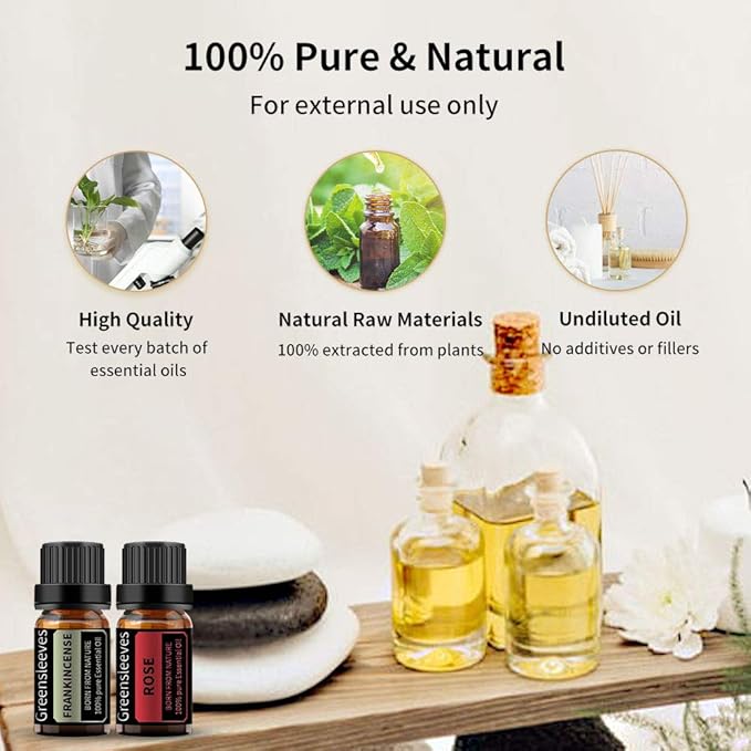 GREENSLEEVES Rose Frankincense Essential Oil Set, 2 x 10ml Pure Plant-Based Fragrance Oil for Aromatherapy, Essential Oils for Diffuser, Massage, Bath Bomb, Scented Candle Soap Making