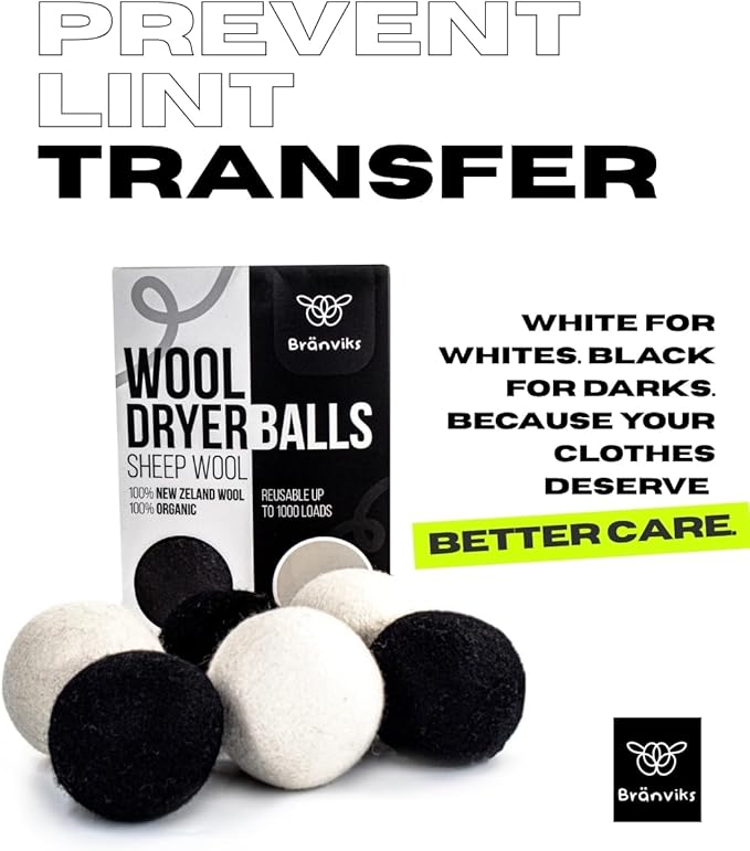 Wool Dryer Balls for Laundry – 6 XL (White & Black Set) – 100% New Zealand Wool – Natural, Reusable & Eco-Friendly Fabric Softener Alternative