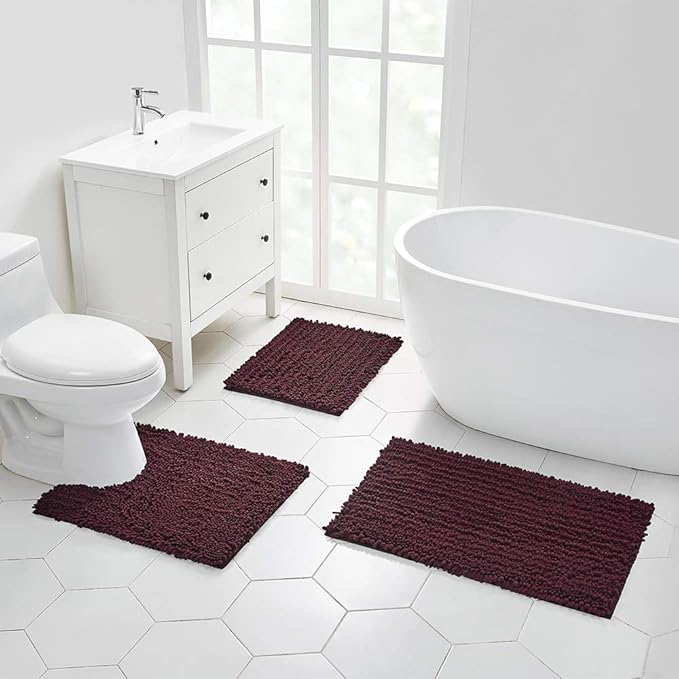Walensee Bathroom Rug Non Slip Bath Mat (32x20 Inch Burgundy) Water Absorbent Super Soft Shaggy Chenille Machine Washable Dry Extra Thick Perfect Absorbant Best Large Plush Carpet for Shower Floor