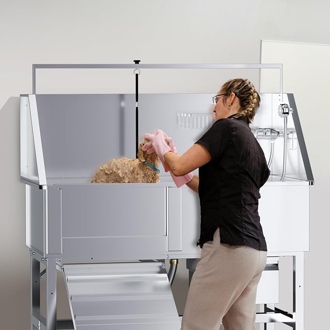 46" Dog Washing Station, Professional Stainless Steel Dog Bathtub w/Ramp & Storage Drawer, Adjustable Grate, Non-Slip Design, Home Grooming & Large Dogs (Left Ramp)