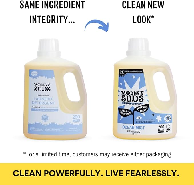 Molly's Suds Liquid Laundry Detergent | Clean Laundry Detergent Soap for Sensitive Skin | 2x Concentrated, High Efficiency (HE) (Ocean Mist - 200 Loads)