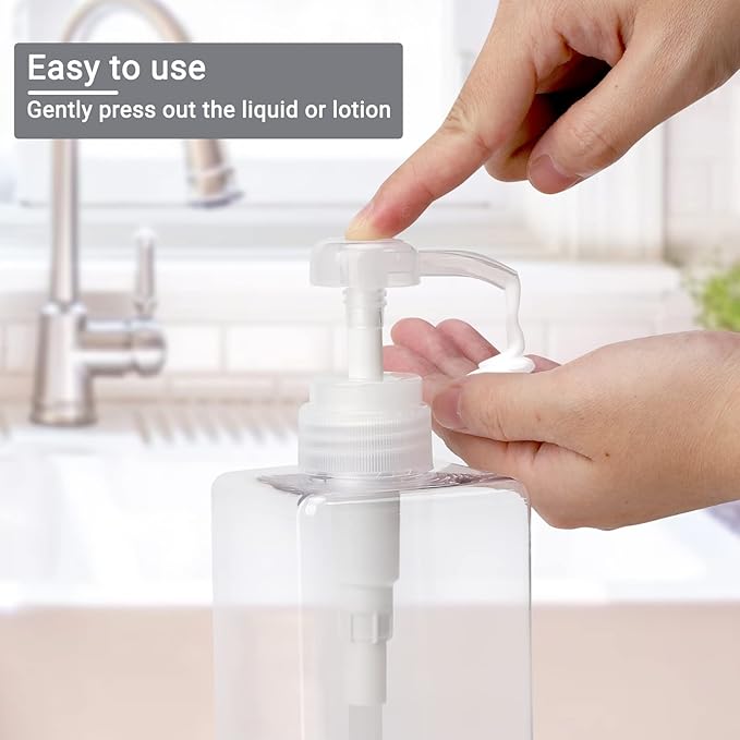 SUREAM Clear Empty Pump Bottles 6 Pack, 15oz/450ml Plastic Refillable Square Containers for Essential Oil Soap Lotion Shampoo Conditioner, Large Hand Pump Dispensers for Bathroom and Kitchen Sink Use