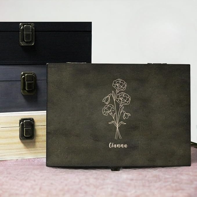Personalized Birth Flower Memory Box Custom Engraved Wooden Keepsake Chest with Floral Design - Storage Boxes for Jewelry Photos Memento Keepsakes Customized Gifts for Women Birthday Mother's Day