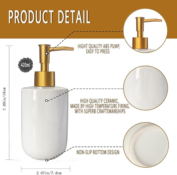 White Liquid Soap Dispenser with Golden Pump for Bathroom,Kitchen Refillable Dispenser,Countertop Lotion Ceramics Hand Dispenser 420ml (Cylindrical White Bottle)