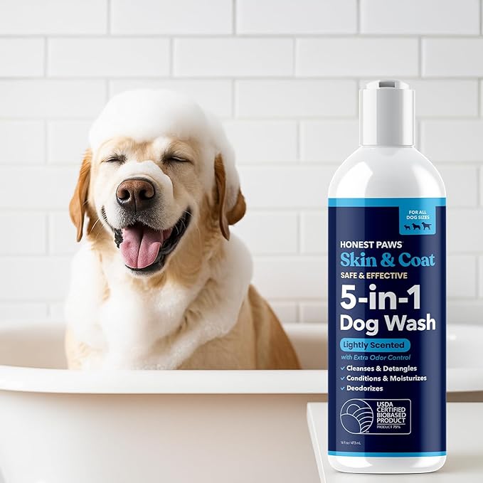 Honest Paws Dog Shampoo and Conditioner - Premium Dog Wash for Allergies Dry, Itchy, Moisturizing for Sensitive Skin - Sulfate Free Plant Based All Natural - Lightly Scented w/Odor Control -16 Fl Oz