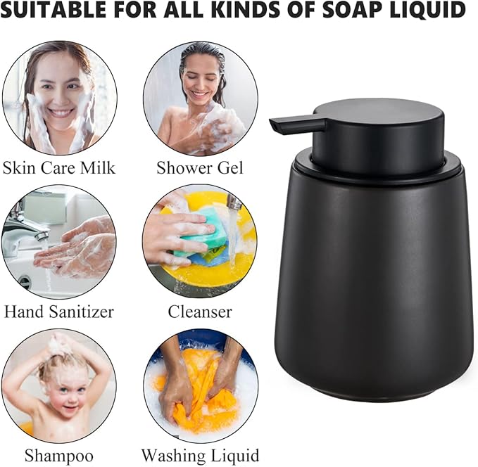 12Oz Black Foaming Soap Dispenser - Ceramic Foam Hand Soap Dispenser Set with Easy-to-Press Pump, Refillable Liquid Dish Soap Dispensers for Bathroom and Kitchen, 2 Pack
