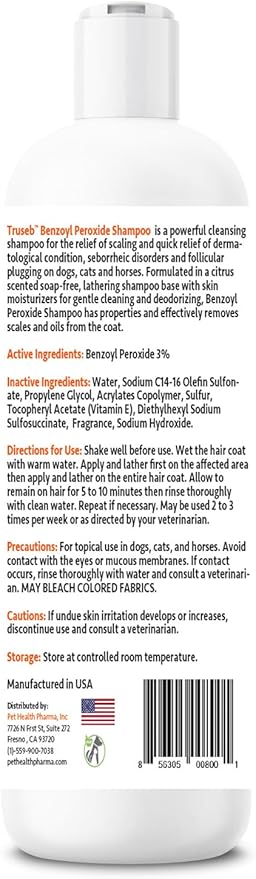 Truseb | Benzoyl Peroxide 3% Shampoo for Dogs,Cats and Horses (3% Benzoyl Peroxide Shampoo, 12 oz)