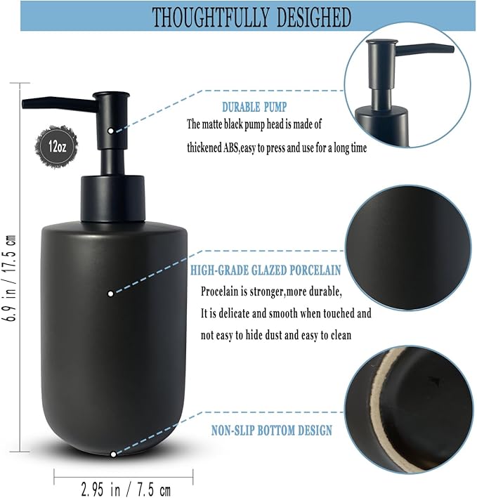 Black Soap Dispenser for Bathroom,Minimalist Modern Design Cylindrical Lotion Dispenser,12oz Ceramic Hand Dish Soap Dispenser,Refillable Liquid Dispenser for Kitchen,Matte Black Pump(Black)