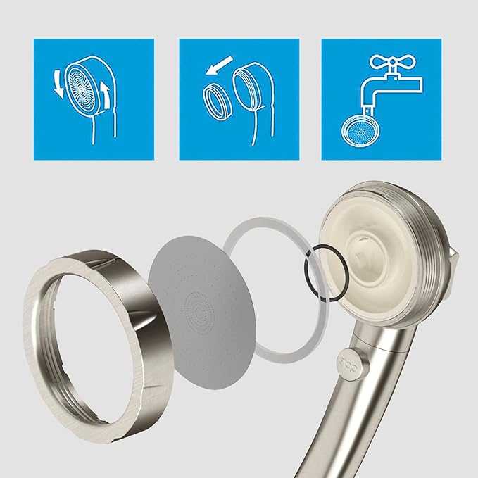 KAIYING Drill-Free High Pressure Handheld Shower Head with ON/OFF Switch, 3 Spray Modes - Brushed Nickel