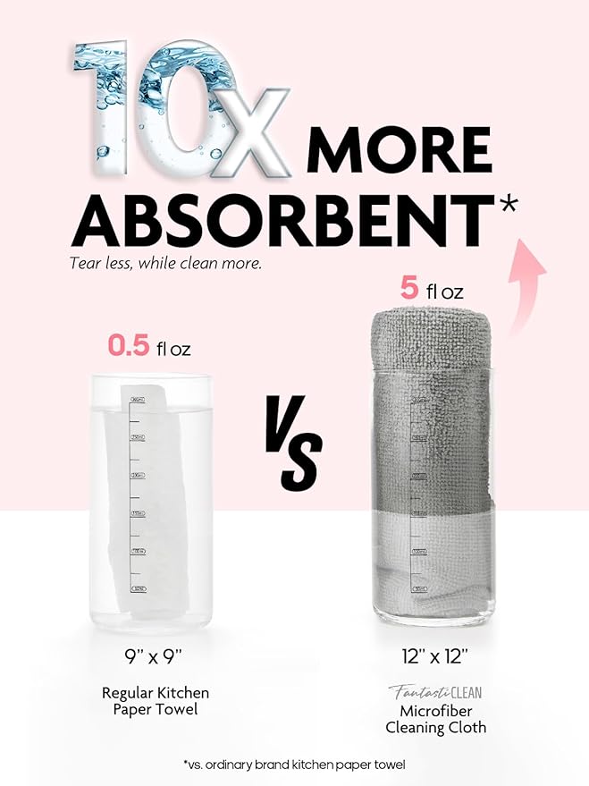 Fantasticlean Microfiber Cleaning Cloth Roll -30 Pack, Tear Away Microfiber Towels, 12" x 12", Reusable, Washable, Scratch Free, Ultra Absorbent Dishcloth for Car, Home Supplies, Pet, Kitchen (Pink)