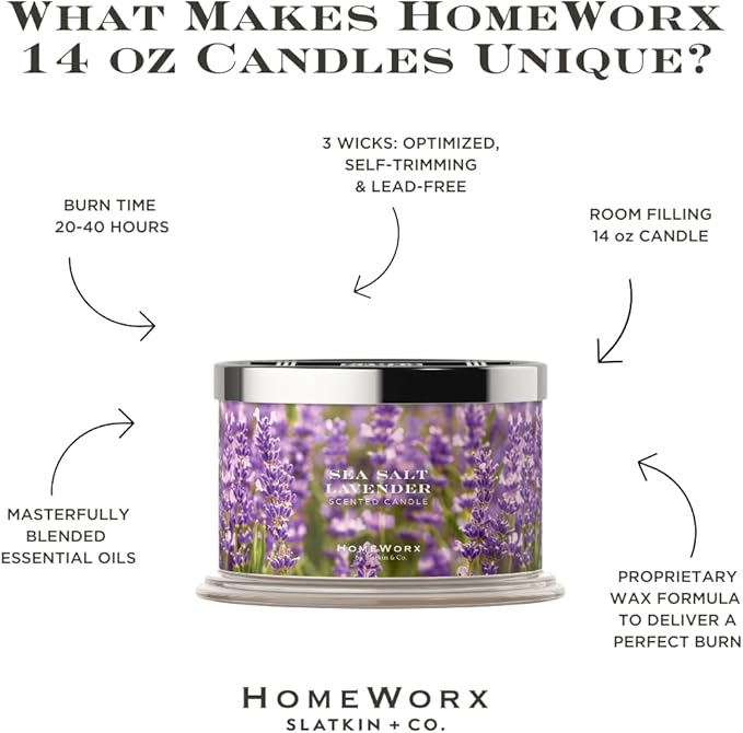 HomeWorx by SLATKIN + CO. Candle- Sea Salt Lavender, 14 oz. 3-Wick Premium Scented Candle - 20-40 Hours Burn Time