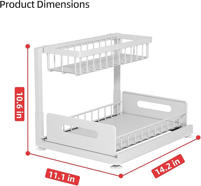 2-Tier Under Sink Slide Out Organizer, Pull Out Cabinet Storage Shelf with Sliding Wire Basket Drawer for Bathroom Kitchen, Countertop or Pantry Shelf, White