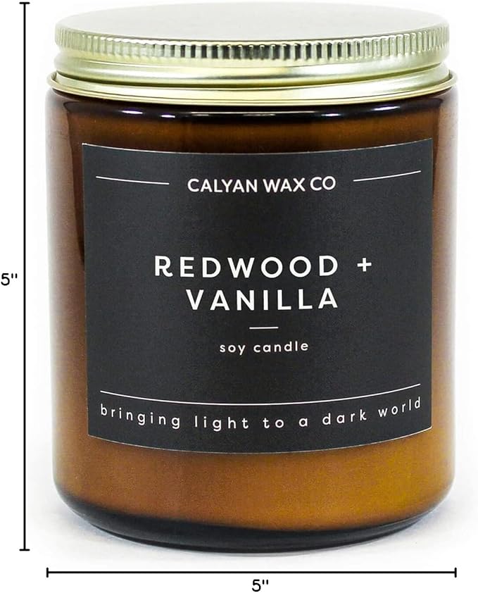 Calyan Wax Co. Soy Wax Candle, Redwood + Vanilla Scented Candle, 57 Hour Burn Time, Aromatherapy Soy Candles, Non Toxic & Vegan Soy Wax, Amber Glass Jar Scented Candles, 7.2oz