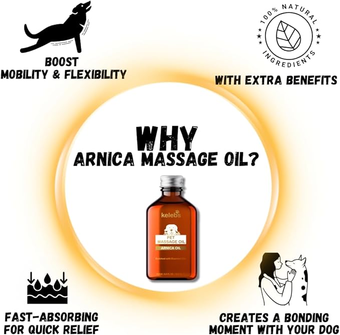 KELEBS Dog Arnica Massage Oil | Pain Relief for Muscles, Arthritis, HIPS, and Joints | for Active & Senior Dogs | Organic Essential Oil Blend with Arnica | Glass Bottle (2 Pack)