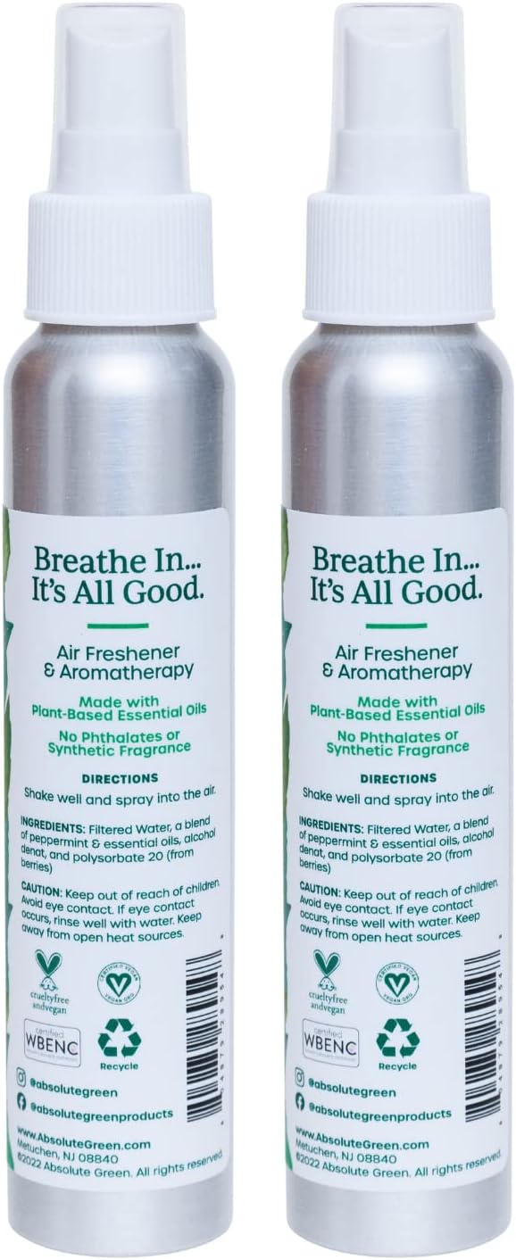 Absolute Green Air Freshener Room Spray, Non-Toxic, Cover Odors, Safe around Kids and Pets, Natural Peppermint Scent 4oz (Pack of 2)