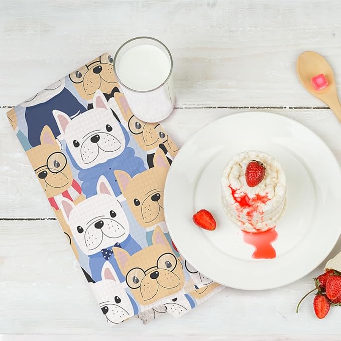 3 Pcs Cute Colorful Animal Kitchen Towels, Cartoon Dog Pattern Decorative Absorbent Microfiber Dish Cloth Tea Towel, Waffle Soft Hand Towels for Farmhouse Home Bathroom, Dog Lover Gifts