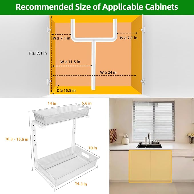2 Pack Under Sink Organizer, Pull Out Cabinet Organizer 2 Tier Slide Out, Under Sink Organizers and Storage Height Adjustable for Kitchen Bathroom Cabinet, Metal