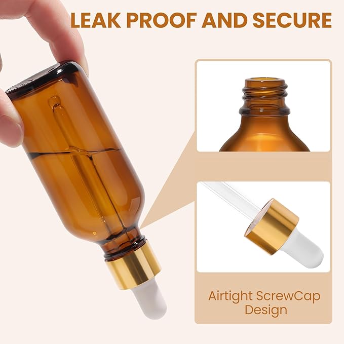 28 Pack 2oz Amber Glass Dropper Bottles with Gold Lids, Funnels, Droppers, Extra Caps & Labels – Leakproof, UV Resistant 60ml Empty Bottle for Tinctures, Essential Oils, Beard & Hair Oils