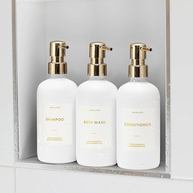 HOMCDALY Shampoo and Conditioner Dispenser, 21oz 3-Pack Refillable Pump Bottles, Shampoo Container, Empty Pump Bottle, Bathroom Shower Dispenser(21oz-White&Gold)