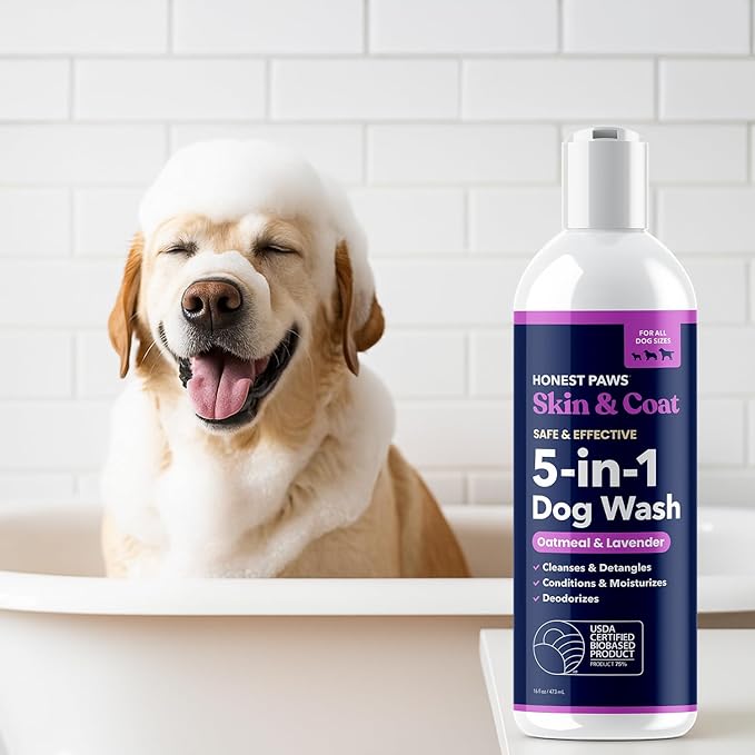 Honest Paws Dog Shampoo and Conditioner - Premium Dog Wash for Allergies and Dry, Itchy, Moisturizing for Sensitive Skin - Sulfate Free, Plant Based, All Natural - Oatmeal & Lavender - 16 Fl Oz