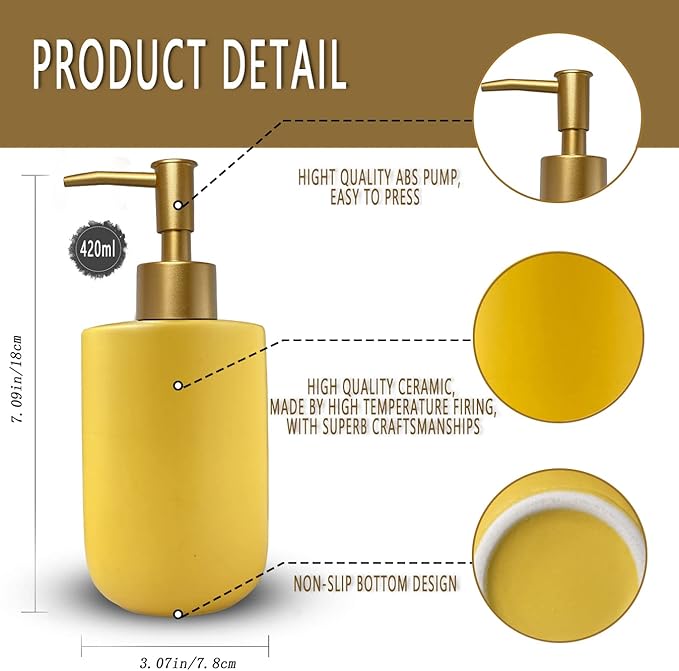 Liquid Soap Dispenser for Bathroom with Gold Pump,Dish Soap Dispenser for Kitchen,Refillable Countertop Lotion Ceramics Yellow Hand Soap Dispenser for Shower 420ml (Cylindrical Yellow Bottle)