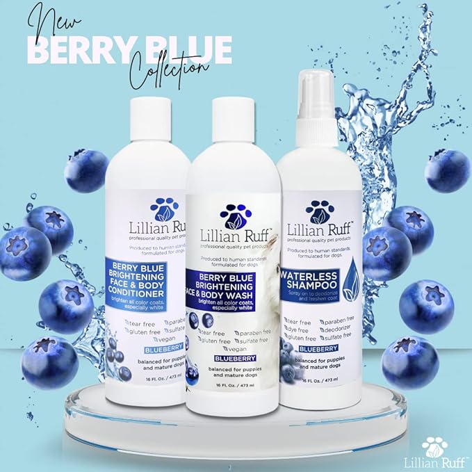 Lillian Ruff PRO Formula Berry Blue Brightening Dog Shampoo + Blueberry Waterless Dog Shampoo - Professional Whitening, Tear Stain Remover & No-Rinse Hydrating Odor Control, Aloe+Coconut Oil, USA Made