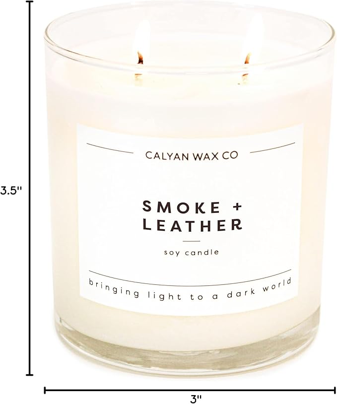 Calyan Wax Co. 2 Wick Candle, Smoke + Leather Scented Candle, 37 Hour Burn Time, Aromatherapy Soy Candles, Non Toxic & Vegan Soy Wax, Glass Tumbler Scented Candles, 8.8oz