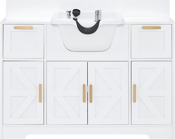 BarberPub Portable Shampoo Station, Shampoo Bowl with Cabinet & Drawer, Salon Geometric Finish Station with Sprayer Faucet, Barber Storage Equipment with Hair Wash Backwash Sink 3439 (All White)