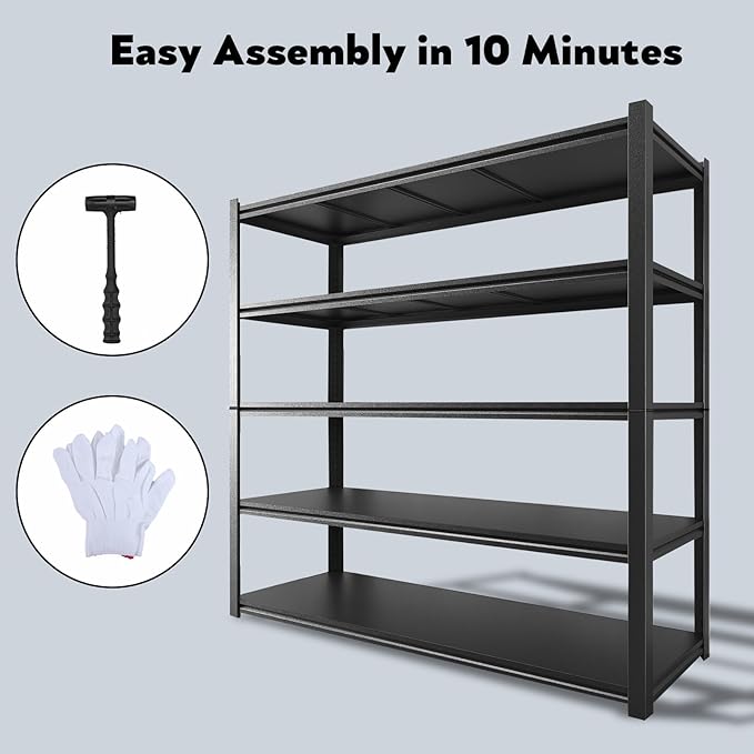 48.2" W Garage Shelving 3000LBS Storage Shelves Heavy Duty Garage Storage Shelves Adjustable 5 Tier Metal Shelves for Storage Industrial Heavy Duty Shelving Utility Shelf 24.2"Dx48.2"Wx 72.2"H