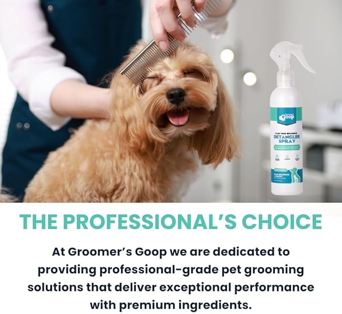 Groomer’s Goop Pain Free Brushing Detangler Spray – Tangle-Reducing Leave-in Formula Softens & Smooths Dog & Cat Coats, Gently Removes Dirt & Loose Fur, Reduces Shedding, Dye-Free – 8 oz Bottle