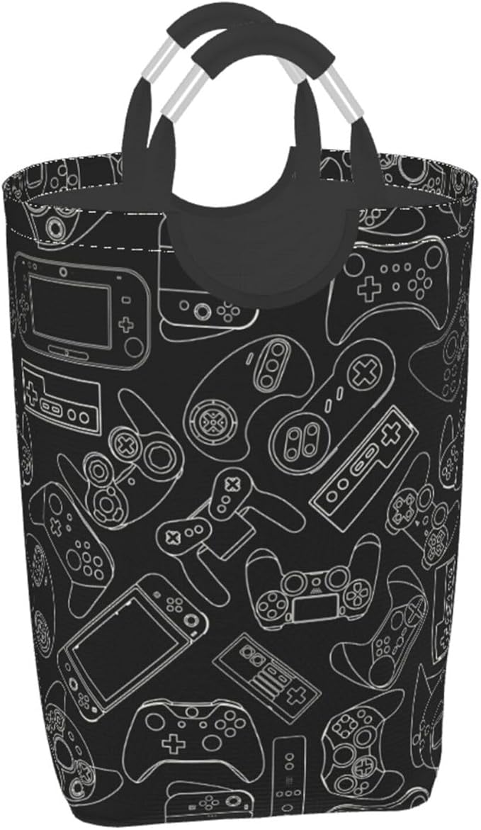 Video Game Controller Background Large Laundry Hamper Bag With Waterproof Liner - Gaming Gadgets Laundry Basket Foldable Clothes Storage Organizer For Bathroom Bedroom Nursery Dorm
