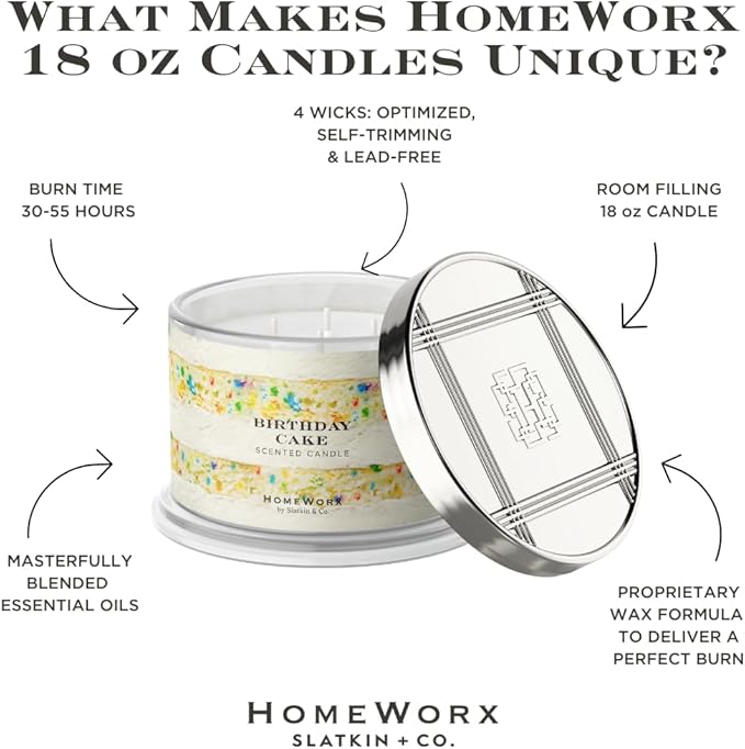 HomeWorx by SLATKIN + CO. Candle- Birthday Cake, 18 oz. Premium Scented Candle - 30-55 Hours Burn Time