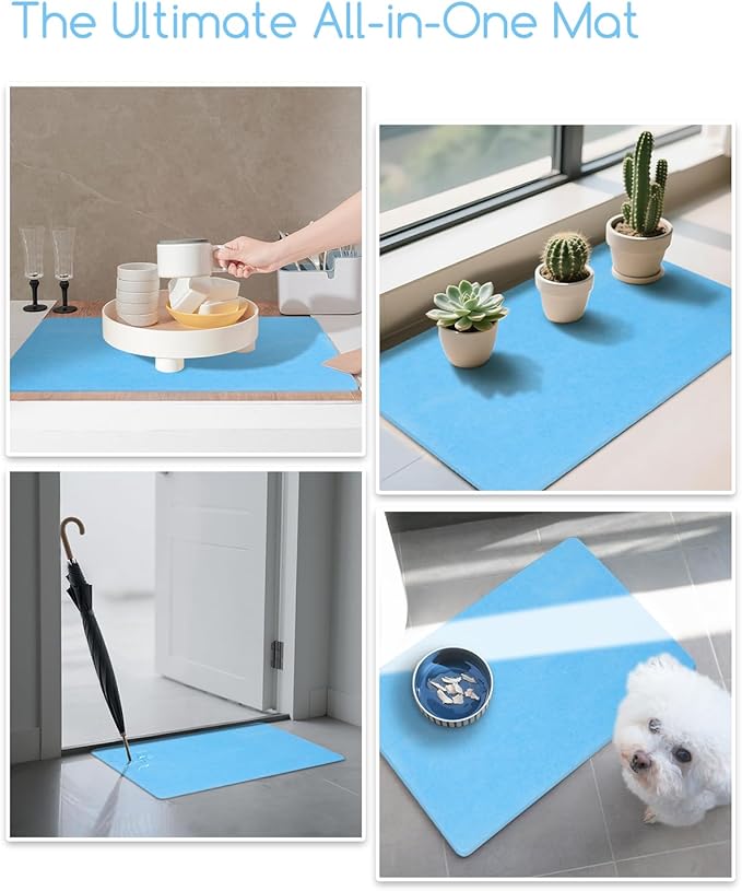 Stone Bath Mat 24"x16" - Diatomaceous Earth Shower Mat, Quick Dry, Anti-Slip, Modern Design with Bonus Non-Slip Pad - Perfect for Home Safety and Style, (Blue)