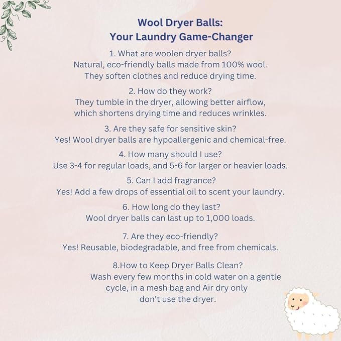 Laundry Dryer Balls-100% New Zealand Wool,Replaces Dryer Sheets,Reduces Wrinkles & Drying Time,Anti-Static,Pet Hair Removal,Hand-Felted,Natural Fabric Softener,Reusable,Quiet,Child-Friendly(Pack of 6)
