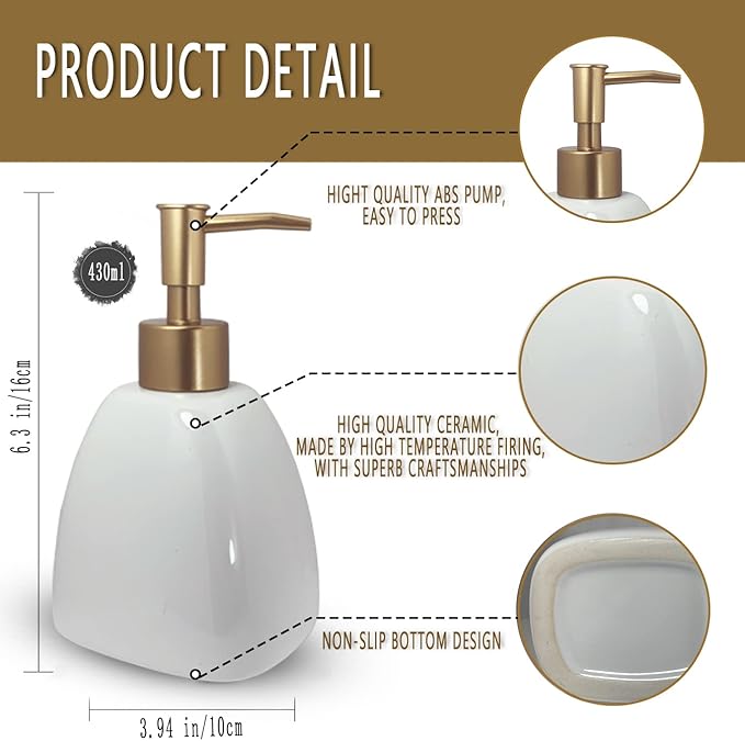 Liquid Soap Dispenser for Bathroom with Gold Pump,Dish Soap Dispenser for Kitchen,Refillable Countertop Lotion Ceramics White Hand Soap Dispenser for Shower 430ml (Pyramid White Bottle)